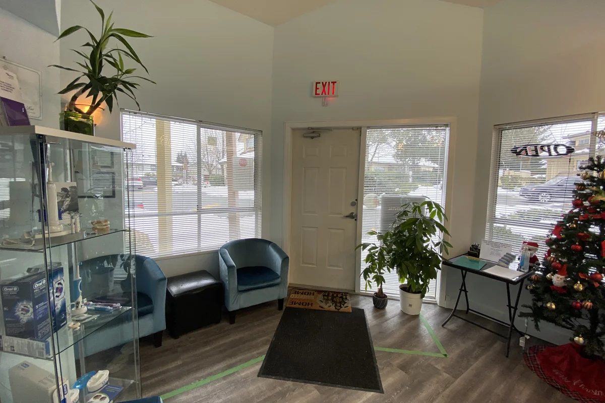 The waiting area inside the front door: two blue velvet armchairs, a glass case of oral-care products, a tall plant and a small Christmas tree