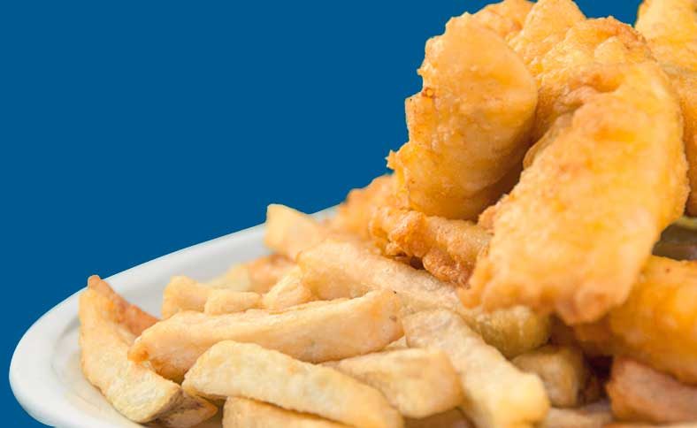 Battered fish pieces and hand-cut chips on a plate, from C-Lovers' website