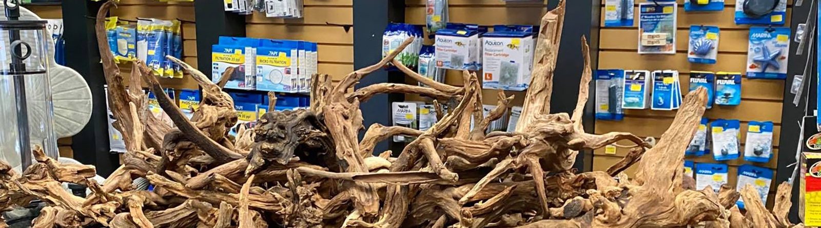 A big pile of aquarium driftwood pieces on display in the shop, in front of a wall of packaged aquarium supplies