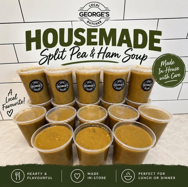 Rows of George's labelled tubs of house-made split pea and ham soup