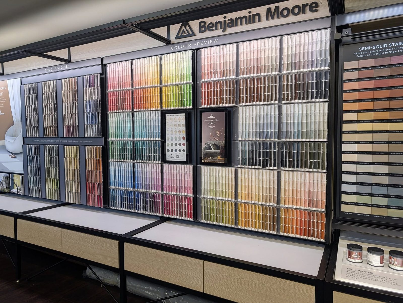 The Benjamin Moore colour-chip wall and stain samples inside Langley Decorating Centre