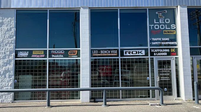 Leo Tools' glass-fronted unit with window signs for bench vises, scaffolding, ladders and safety equipment