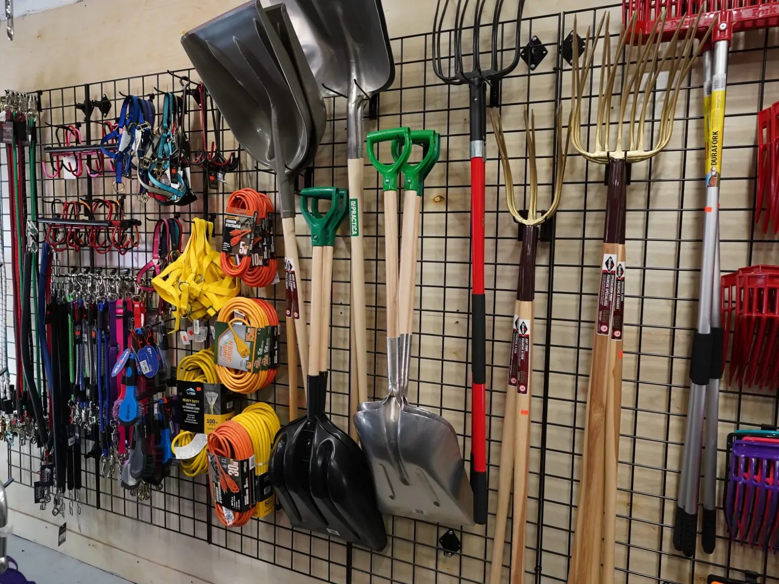 A wall of shovels, manure forks, halters and lead ropes for sale at Milner Feed