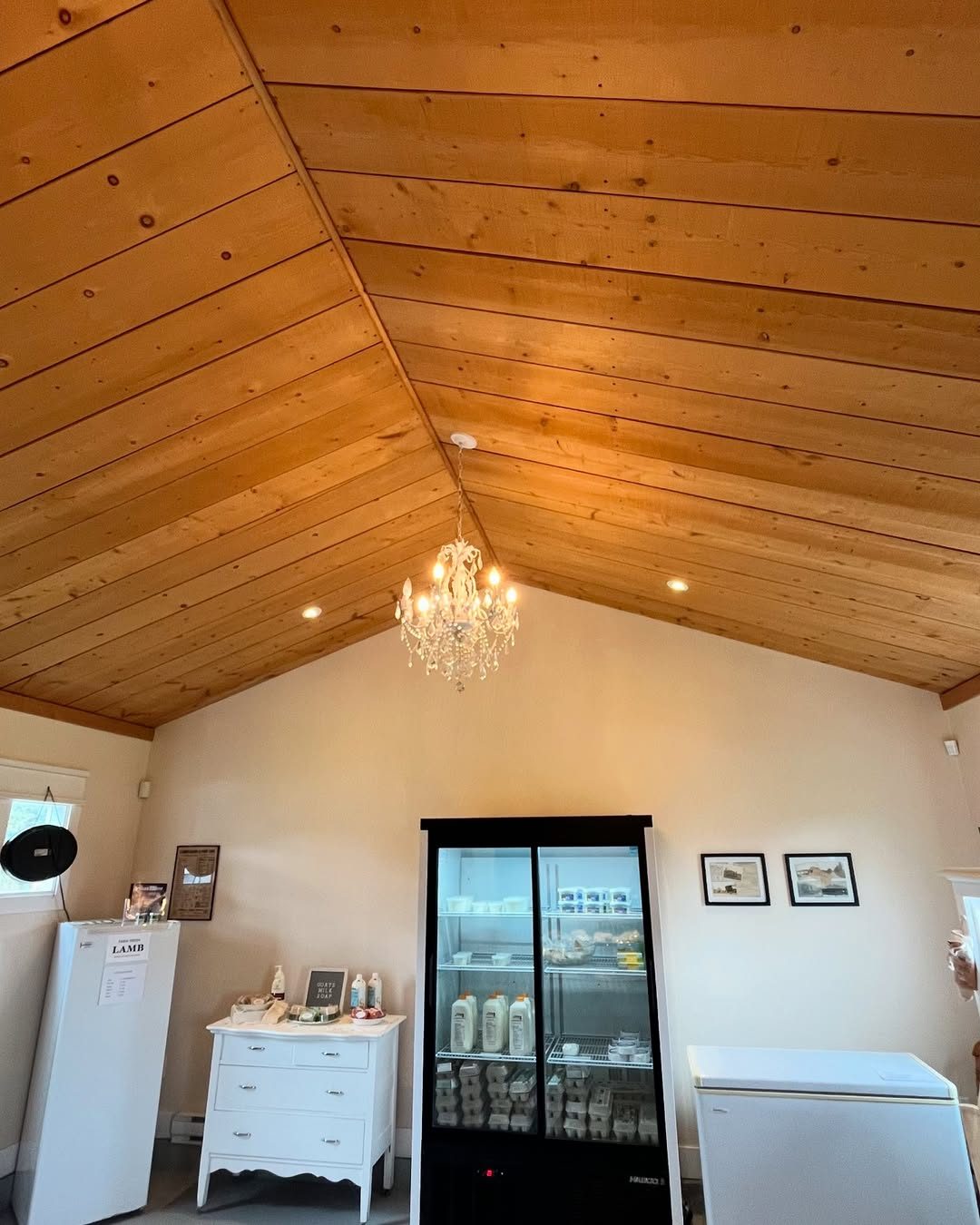 Inside the Milner Valley Cheese farmgate shop: a pitched timber ceiling with a small chandelier, a glass-front cheese fridge and a chest freezer