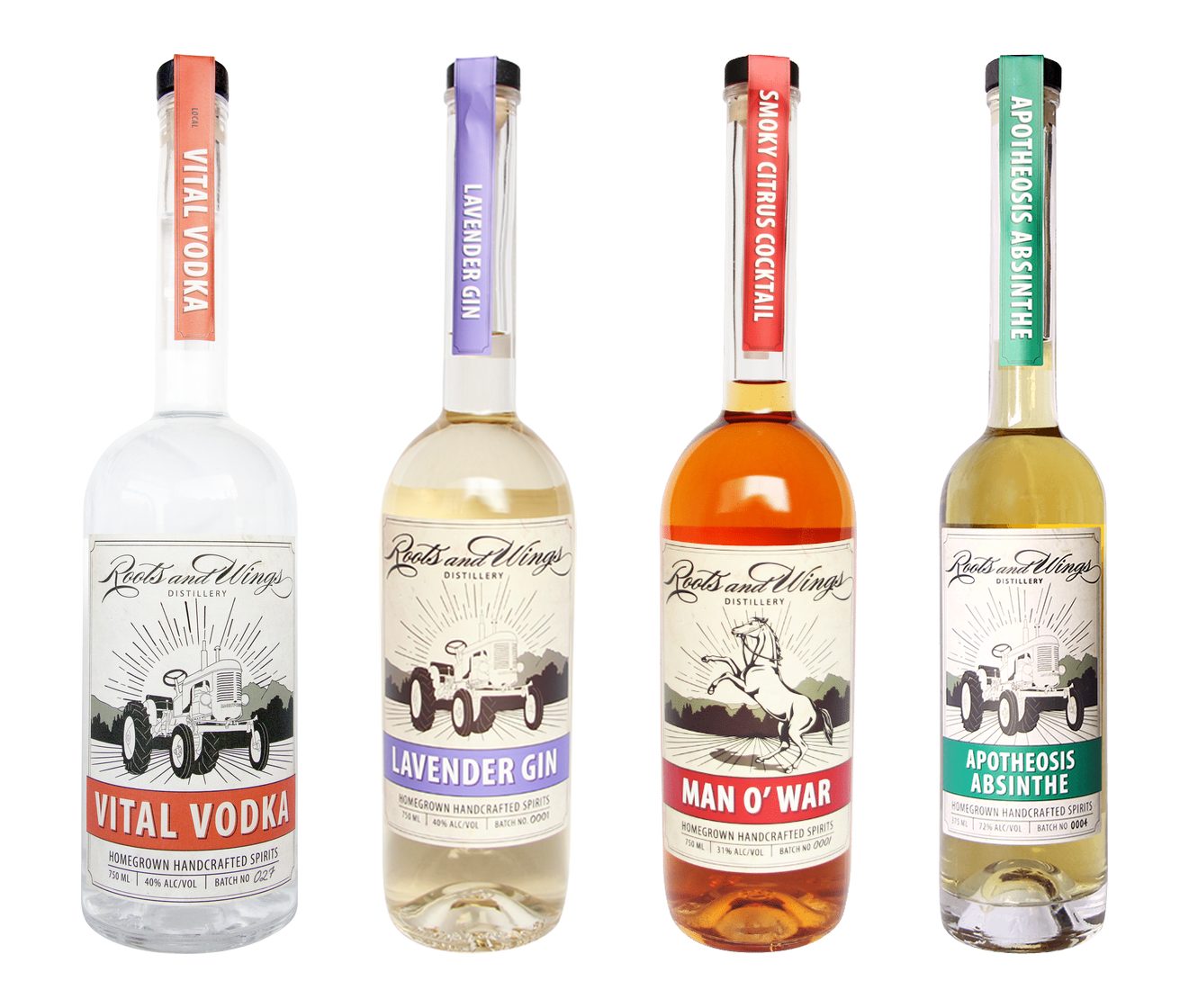 Four Roots and Wings bottles with vintage tractor labels: Vital Vodka, Lavender Gin, Man O' War smoky citrus cocktail and Apotheosis Absinthe