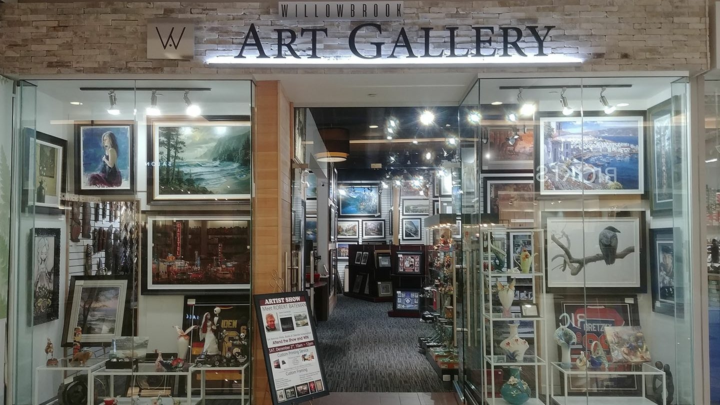 The Willowbrook Art Gallery shopfront in the mall, its walls hung with framed paintings and display cases of collectibles near the door