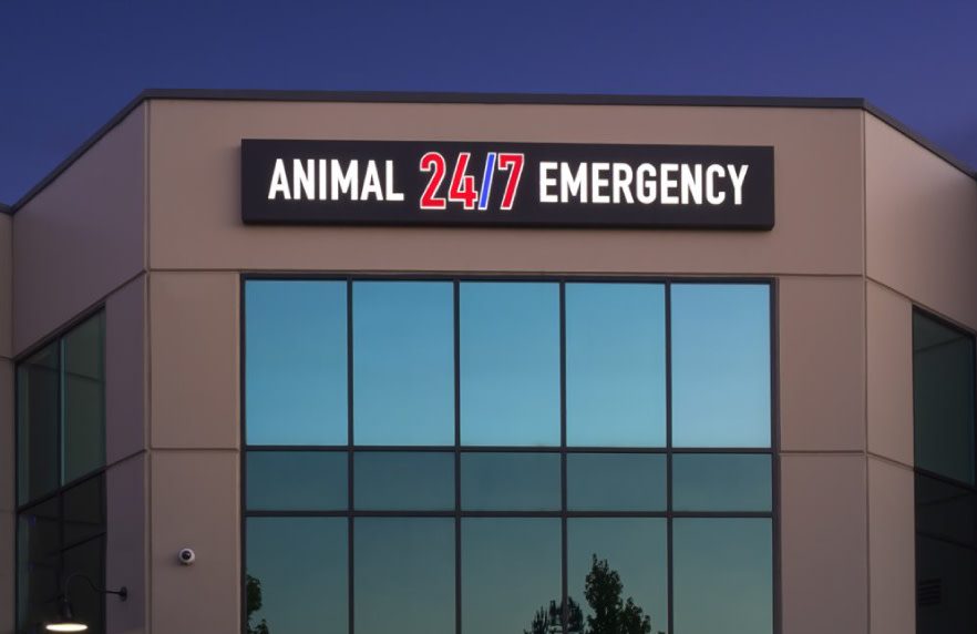 The front of the Animal Emergency Clinic of the Fraser Valley at dusk, with an illuminated Animal 24/7 Emergency sign over the glass entrance