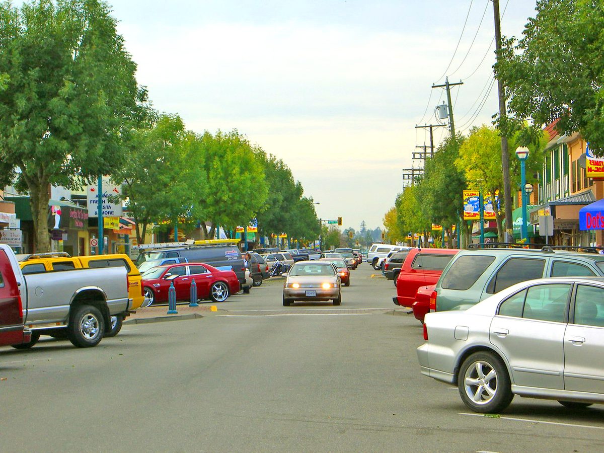 Shops along the Fraser Highway one-way in downtown Langley City