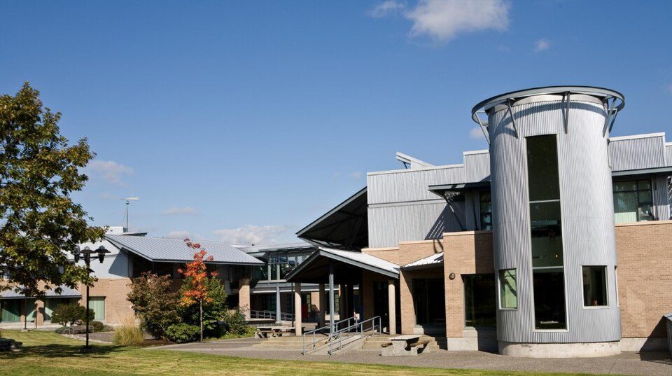 A long, low campus building at Kwantlen Polytechnic University's Langley campus