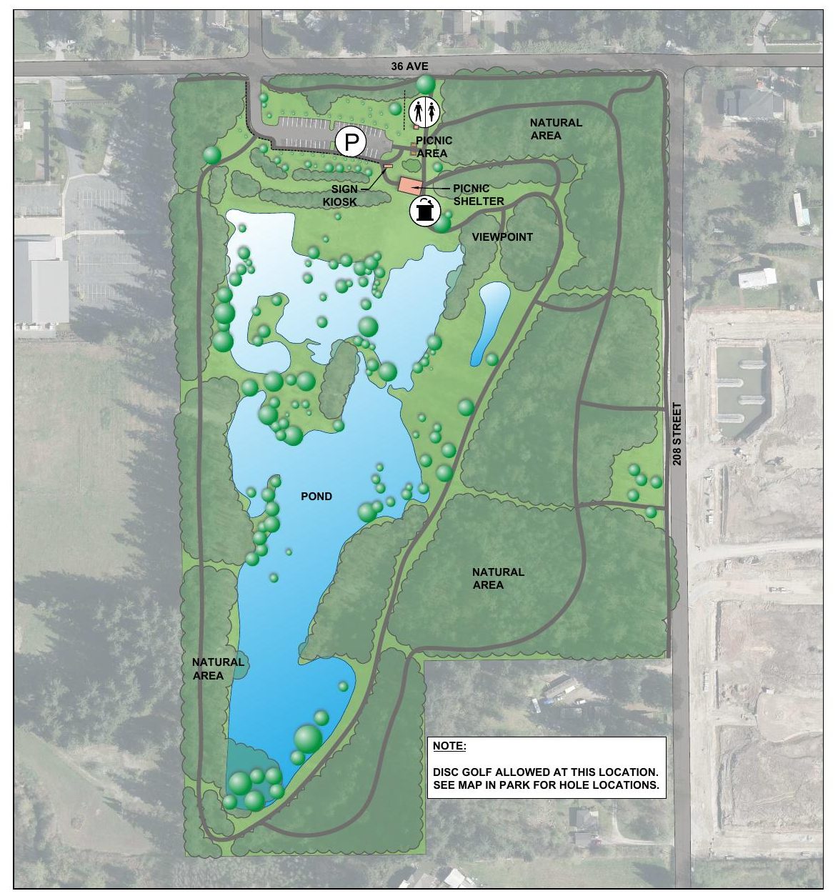 Township of Langley park map of Dale Ball Passive Park, showing the pond, the parking lot off 36 Avenue, the picnic shelter and the walking loops