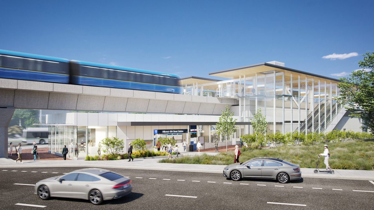 Artist rendering of a Surrey Langley SkyTrain station on the extension, with a train on the elevated guideway above a street (the Hillcrest-184 Street station in Surrey)