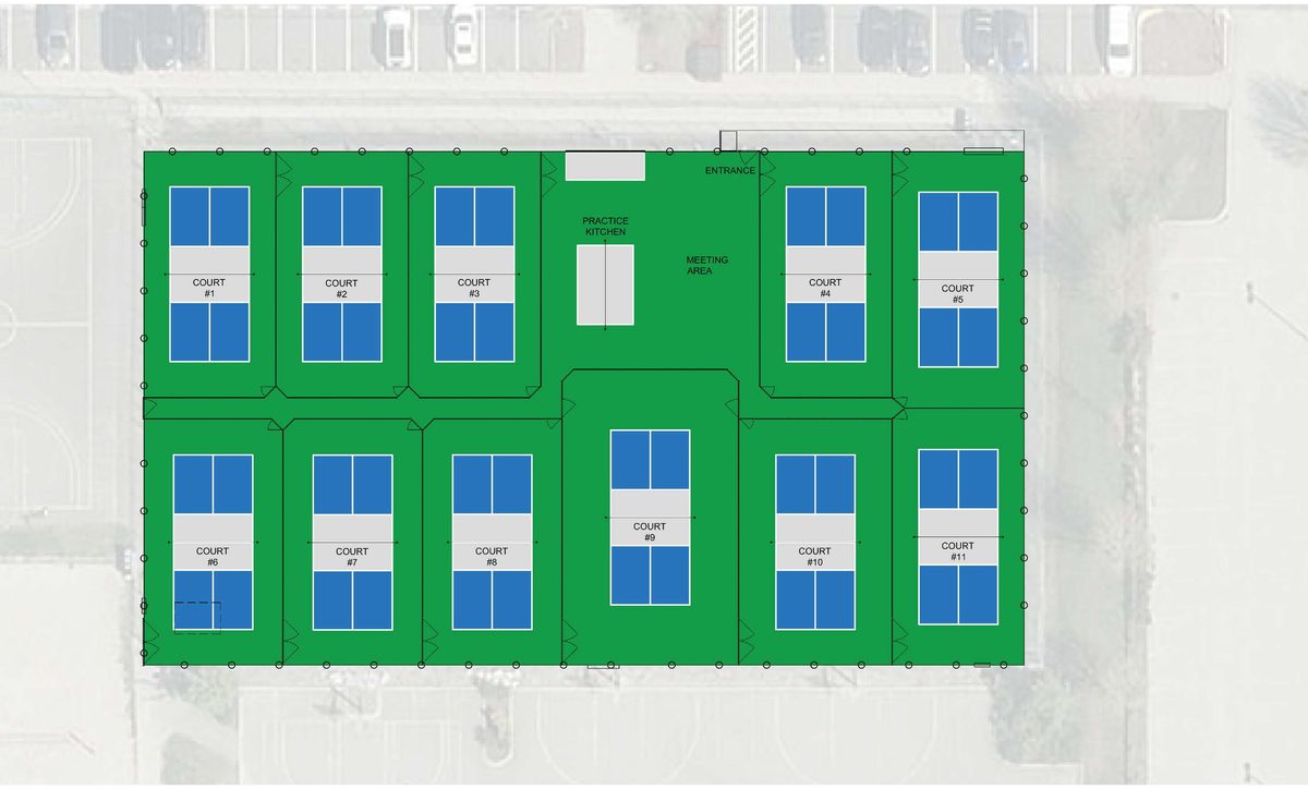 Township of Langley site plan of the 11 pickleball courts at Willoughby Community Park, with a practice kitchen and meeting area in the middle