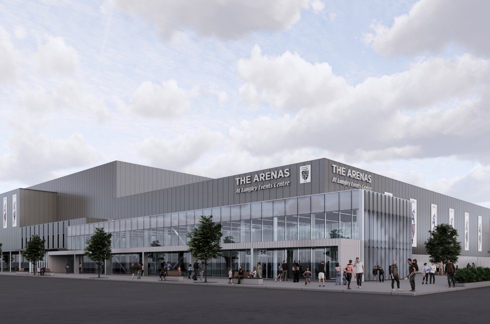 Artist rendering of the ARENAS at Langley Events Centre, a grey and glass building with people walking along the front
