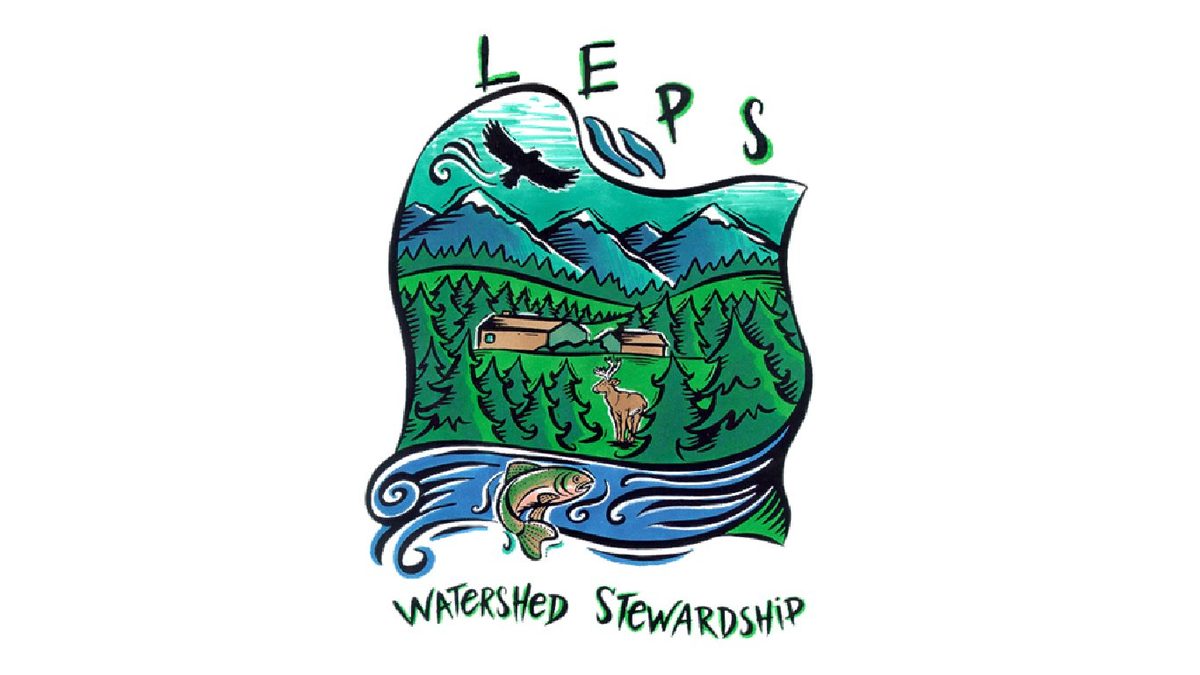 The Langley Environmental Partners Society logo: a hand-drawn scene of mountains, forest, a barn, a deer and a fish in a river, with the words Watershed Stewardship