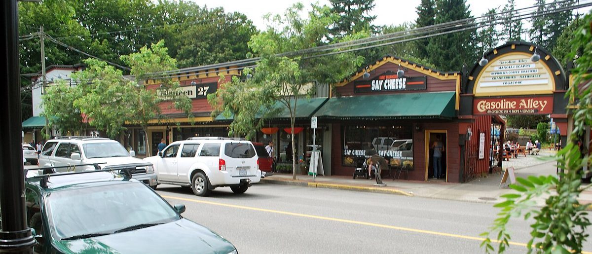 Glover Road in Fort Langley lined with heritage-style storefronts