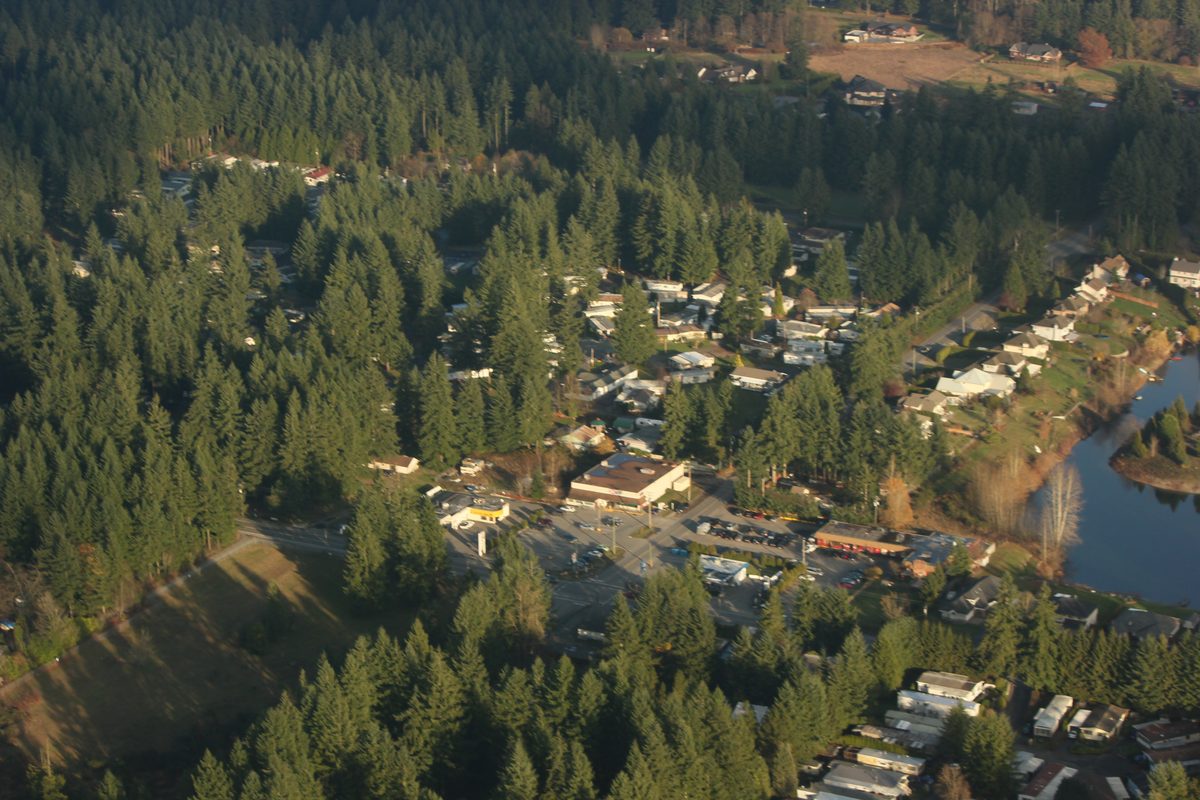Aerial view over the Brookswood and Fernridge area of Langley, with houses and a small shopping strip among tall Douglas firs and a pond at the right