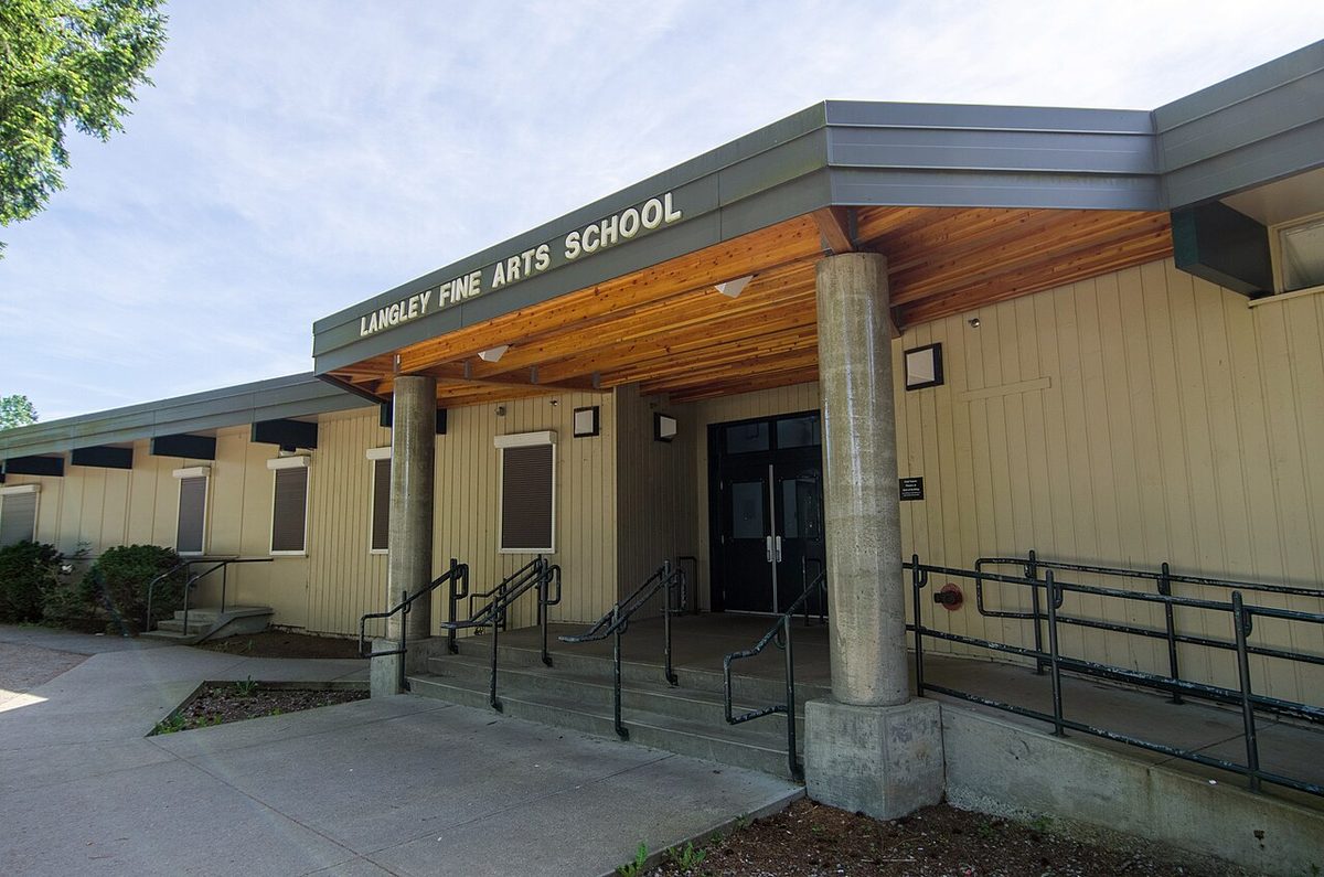 The covered timber-and-concrete entrance of Langley Fine Arts School on Trattle Street in Fort Langley