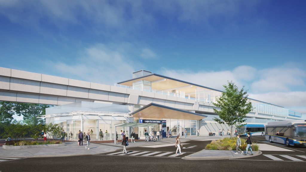 Artist's rendering of the planned Langley City Centre SkyTrain station east of 203 Street, with an elevated guideway, a bus loop and people on the plaza