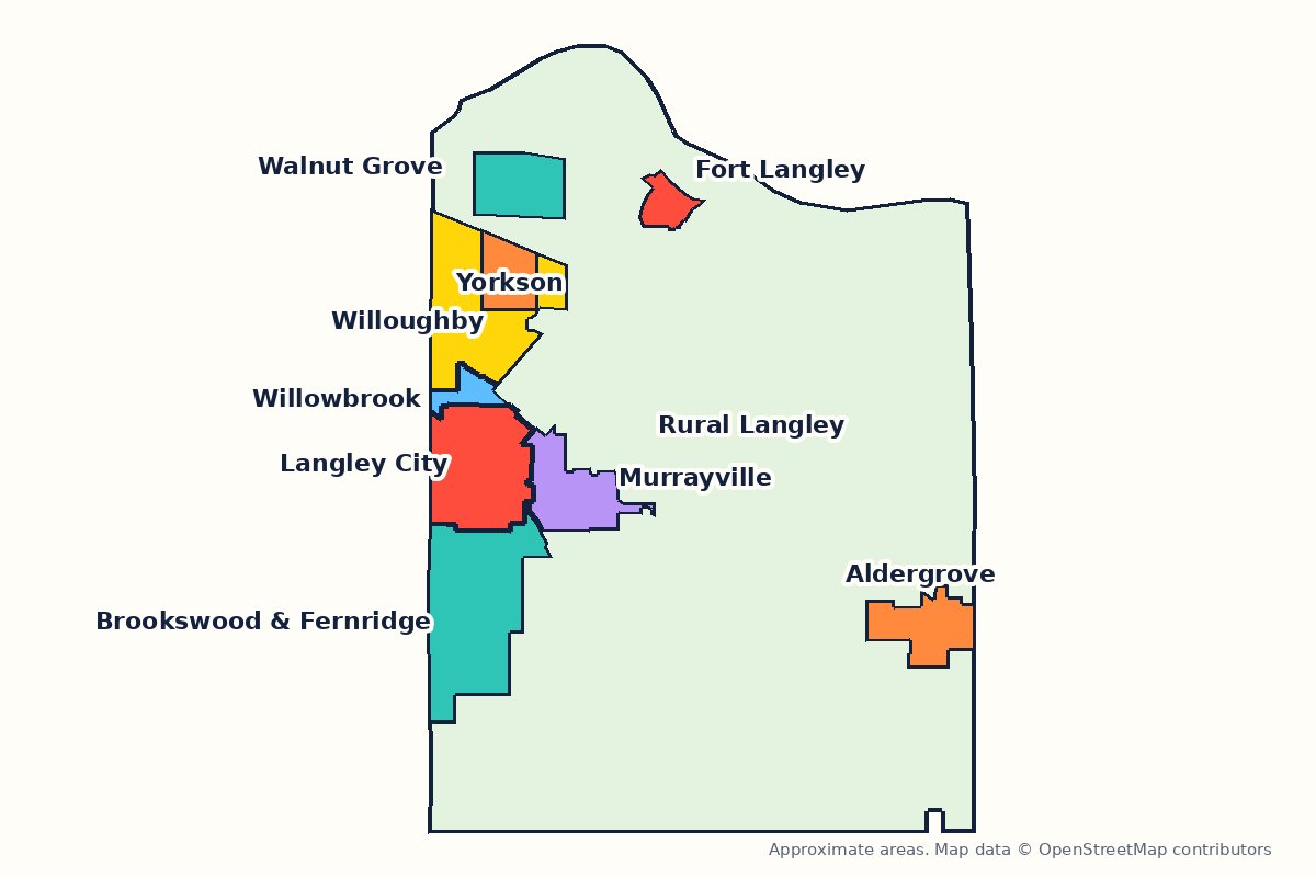 Map of Langley, BC showing the City of Langley and the Township communities of Willoughby, Yorkson, Willowbrook, Walnut Grove, Murrayville, Brookswood and Fernridge, Fort Langley, Aldergrove and rural Langley