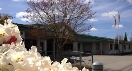 The front of James Hill Elementary on Old Yale Road, a low building with a green roof and flagpoles, seen past white rhododendron blossoms