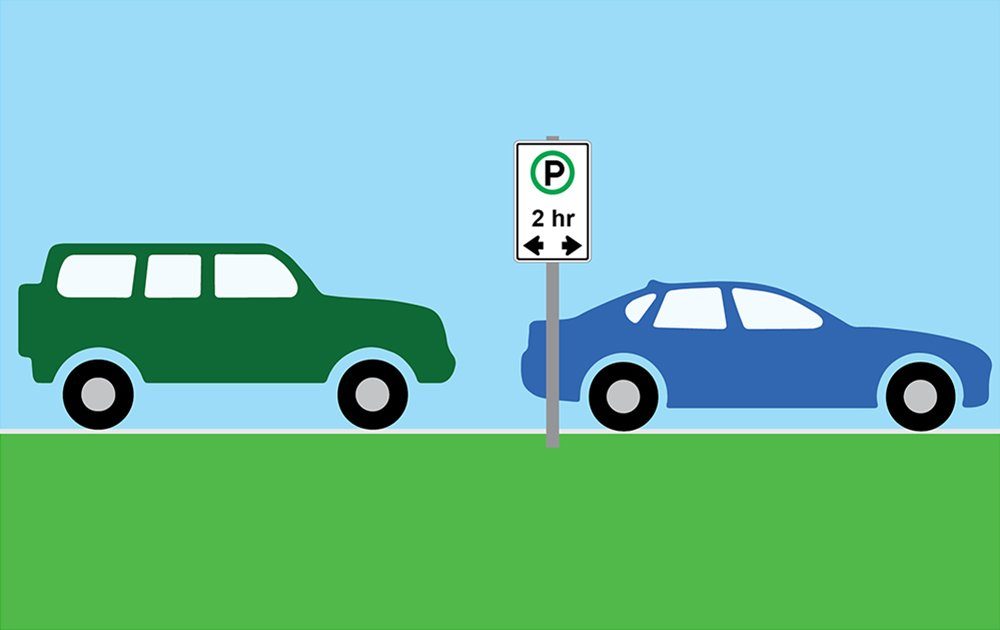 Township of Langley illustration of two cars parked beside a sign reading 2 hr, showing how time-limit street parking works