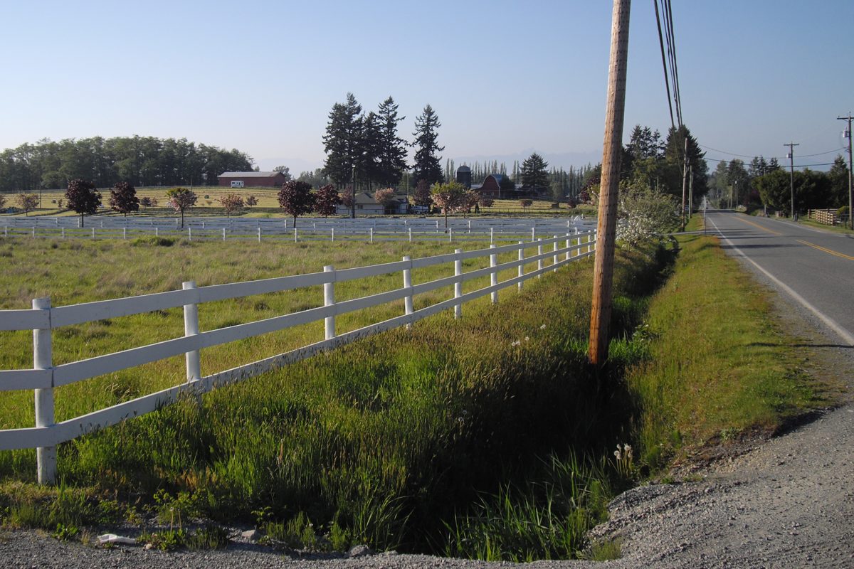 A two-lane rural road at 216 Street and 27 Avenue with no sidewalk, a ditch, a power pole, a white board fence and farm fields with a red barn behind