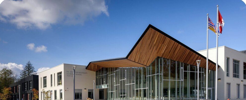 The glass and timber entrance of R.E. Mountain Secondary School on 202A Street in Willoughby