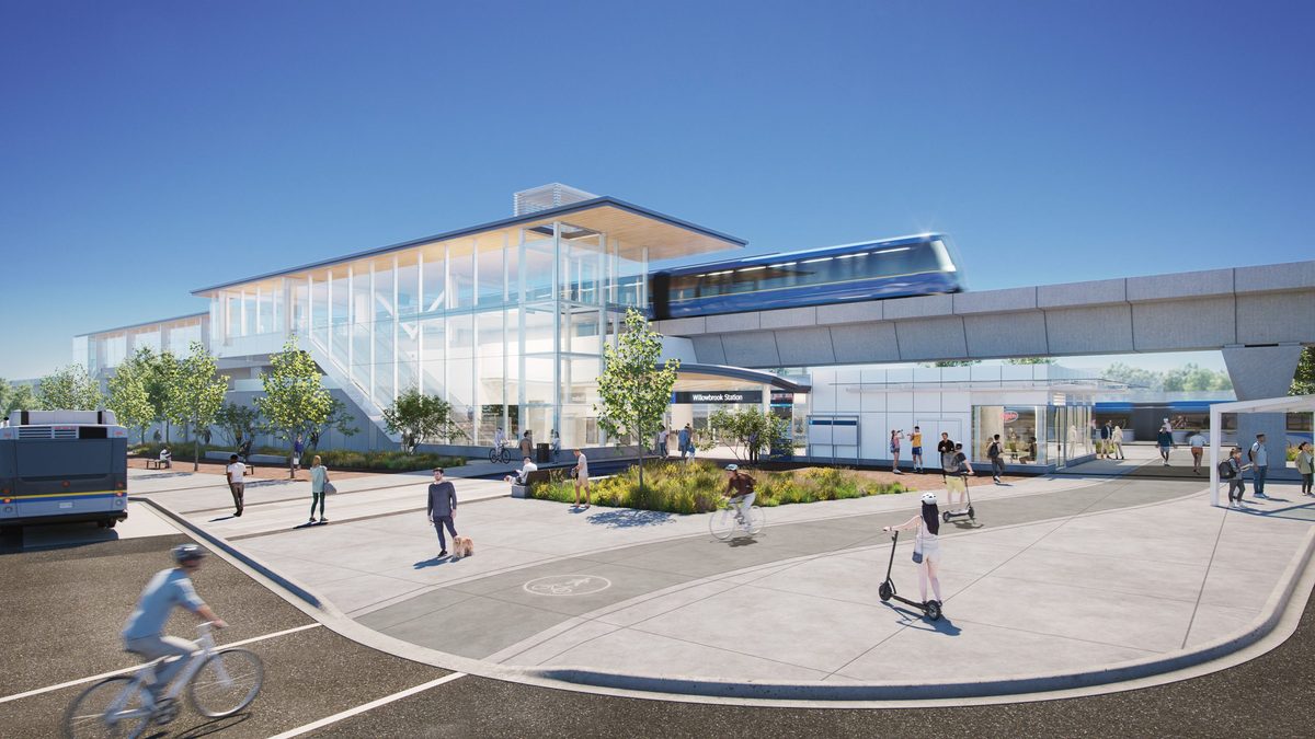 Artist's rendering of the future Willowbrook SkyTrain station at 196 Street and Fraser Highway, with an elevated train, a bus, people on bikes and scooters and a glass station building