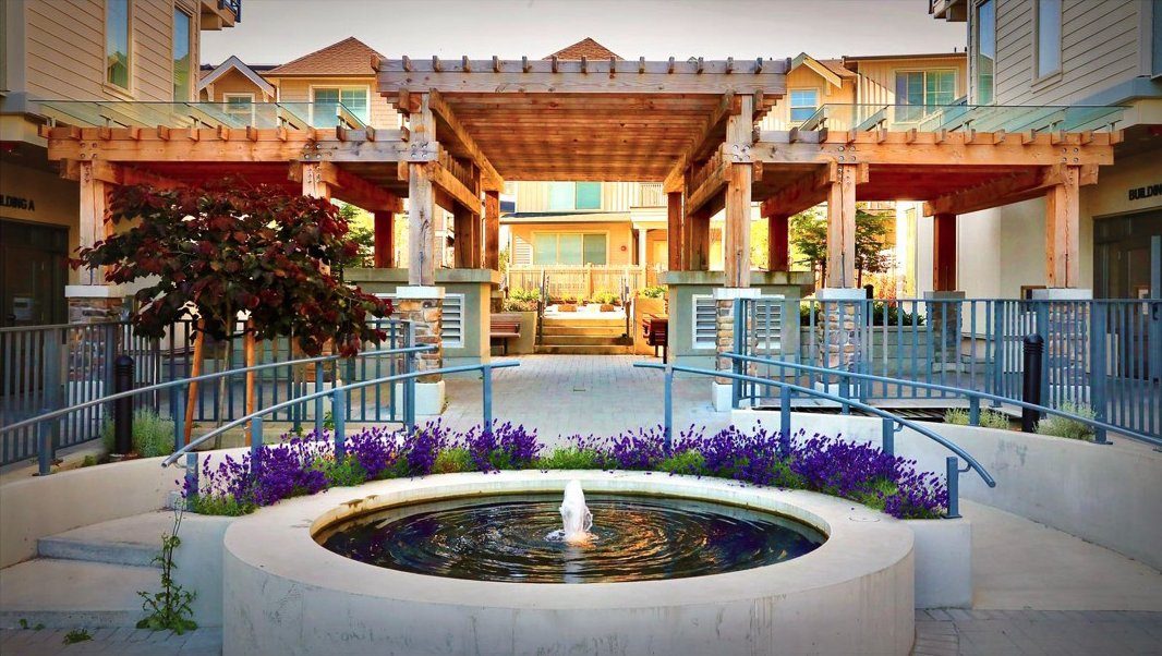 Courtyard with a fountain, lavender and timber pergolas between the townhome and condo buildings at Township Commons on 65 Avenue, Langley