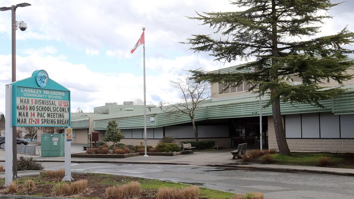 The front entrance and reader board of Langley Meadows Community School on Willoughby Way, Langley