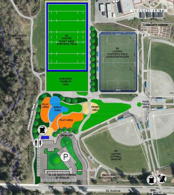Township site plan of the north side of Yorkson Community Park, showing synthetic fields, a spray park, play areas, picnic area, a small dog area and parking along 82 Avenue
