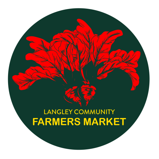 Round dark-green Langley Community Farmers Market logo with a red illustrated beetroot plant