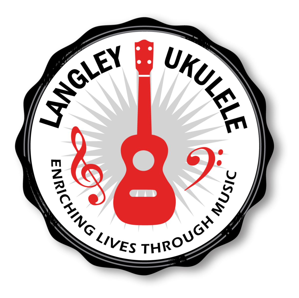 Langley Ukulele Association logo: a red ukulele inside a circle with the words Enriching Lives Through Music