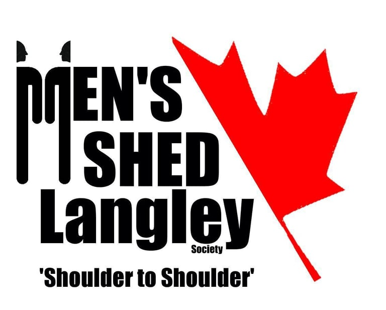 Men's Shed Langley Society logo, black lettering beside a red maple leaf, with the motto Shoulder to Shoulder
