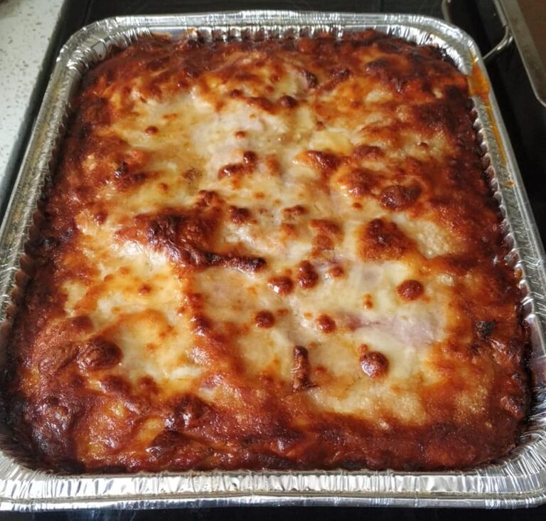 A tray of Bonetti Meats house-made lasagna, fresh from the oven