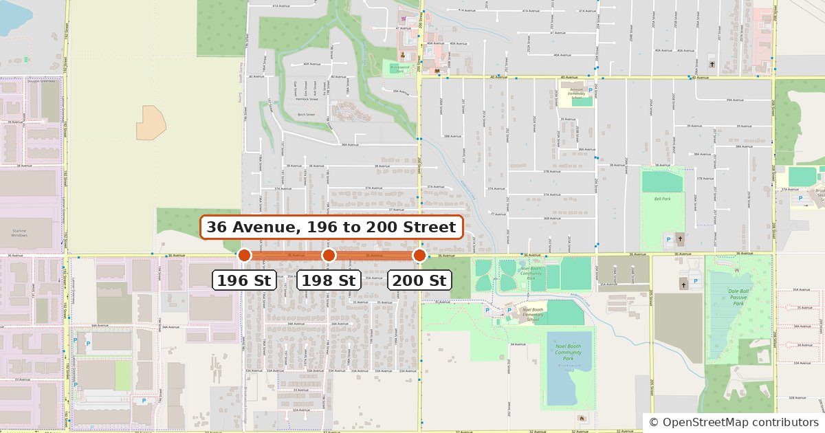 Street map of west Brookswood with 36 Avenue highlighted between 196 and 200 Street, Noel Booth Community Park and Noel Booth Elementary just to the east, and Belmont Elementary to the north
