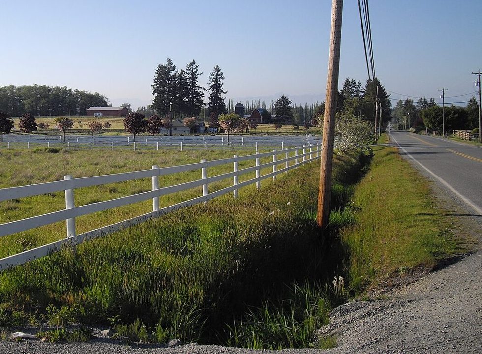 A white rail fence along a hayfield beside a quiet two-lane road in rural Langley, with a red barn and tall firs in the distance