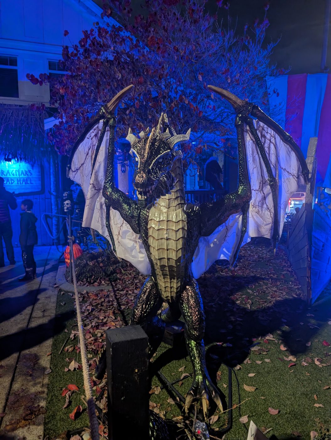 A winged dragon standing guard by the walkway