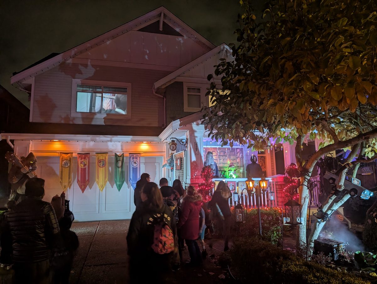 School-house banners and a crowd at the wizarding house