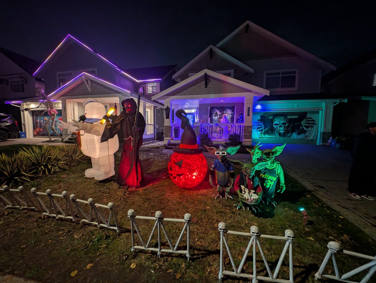 Two decorated yards side by side