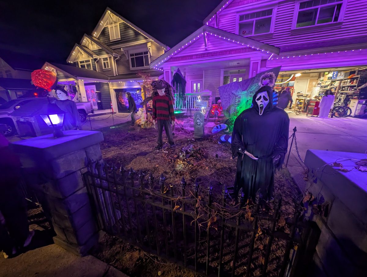A slasher-movie yard in purple light